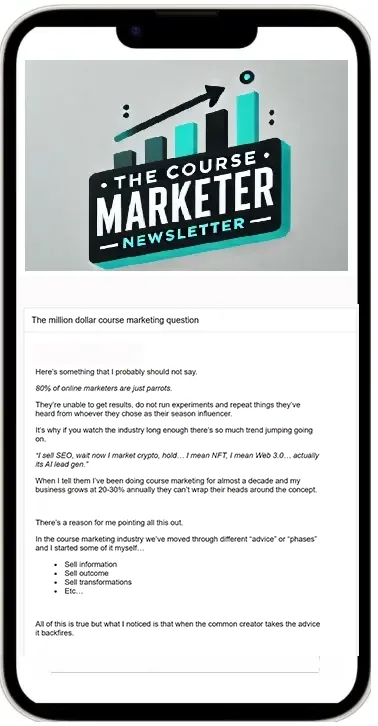 The Course Marketer newsletter on a phone